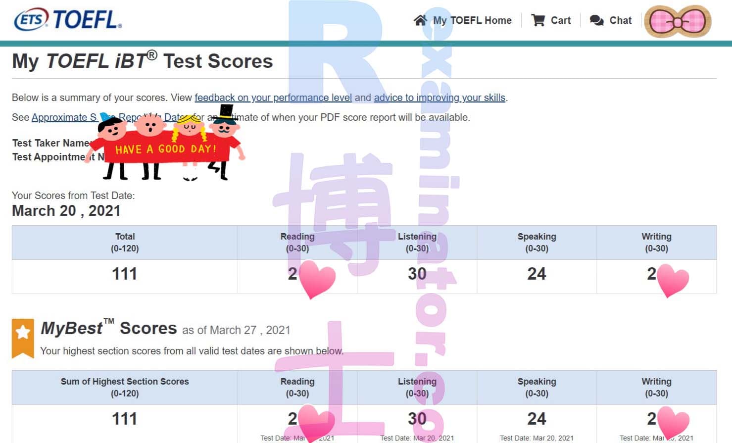 score image for TOEFL 부정행위 success story #143