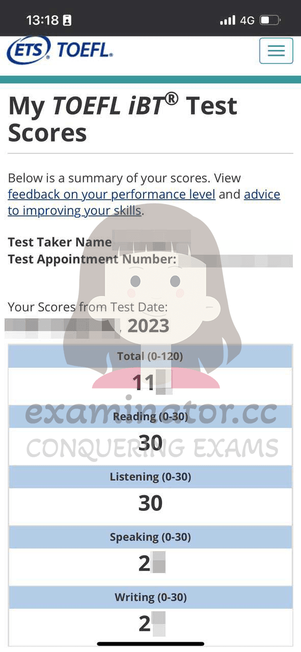 score image for TOEFL 부정행위 success story #602